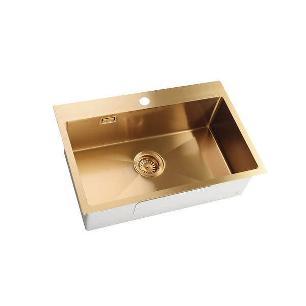 CERAMIA - Ceramia Timeless Évier de cuisine encastrable inox 304, 1 bac , 68x45x21 cm, Or brossé PVD - large