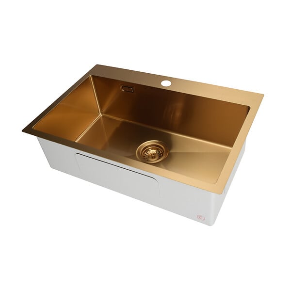 CERAMIA - Ceramia Timeless Évier de cuisine encastrable inox 304, 1 bac , 68x45x21 cm, Or brossé PVD - large