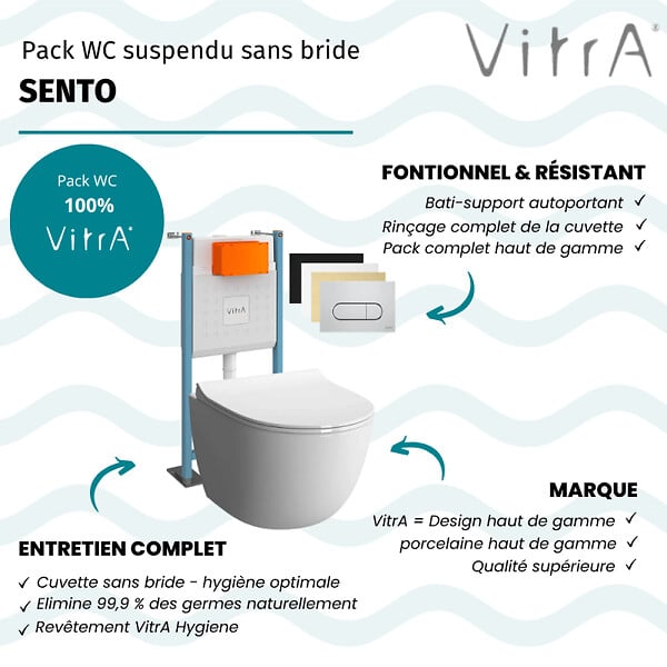 VITRA - Pack WC suspendu VitrA Sento blanc + bâti autoportant V-Fix Core + Plaque Round chromé - large