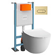 VITRA - Pack WC suspendu VitrA Sento blanc brillant + bâti autoportant V-Fix Core + Plaque Round or brossé - vignette