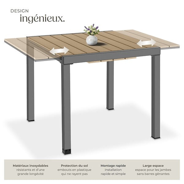 TECTAKE - Table de jardin en aluminium extensible noir marron aspect bois 80 120 x 80 x 74 cm - large
