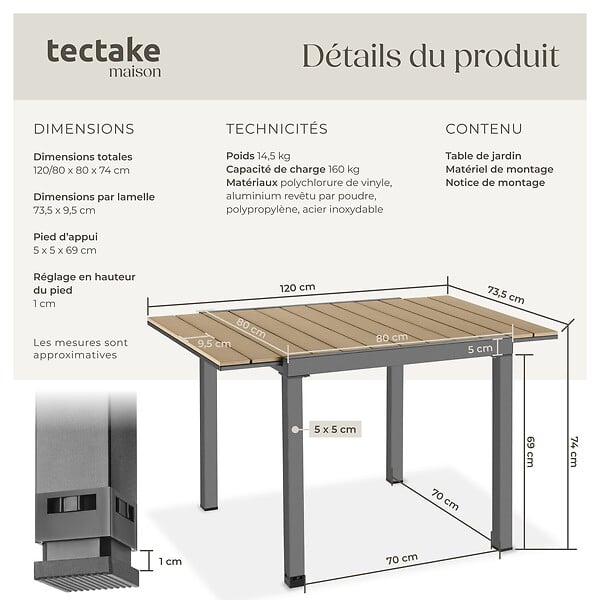 TECTAKE - Table de jardin en aluminium extensible noir marron aspect bois 80 120 x 80 x 74 cm - large