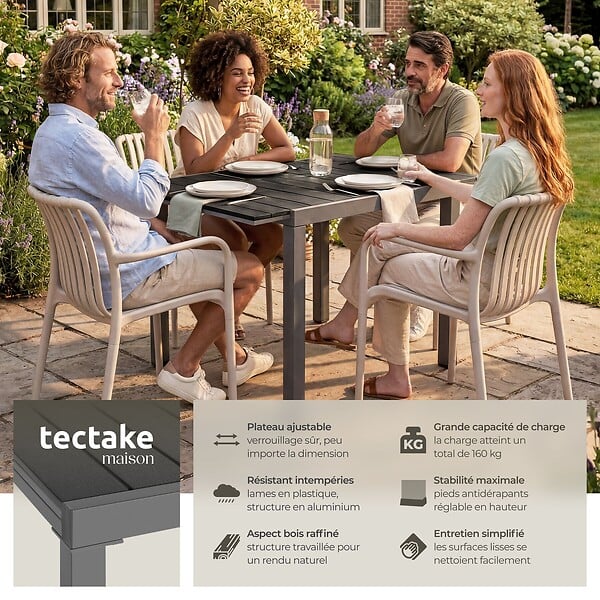 TECTAKE - Table de jardin extensible, résistante aux intempéries, pour 4 à 6 personnes, aspect bois, noir, 80–120 x 80 x 74 cm - large