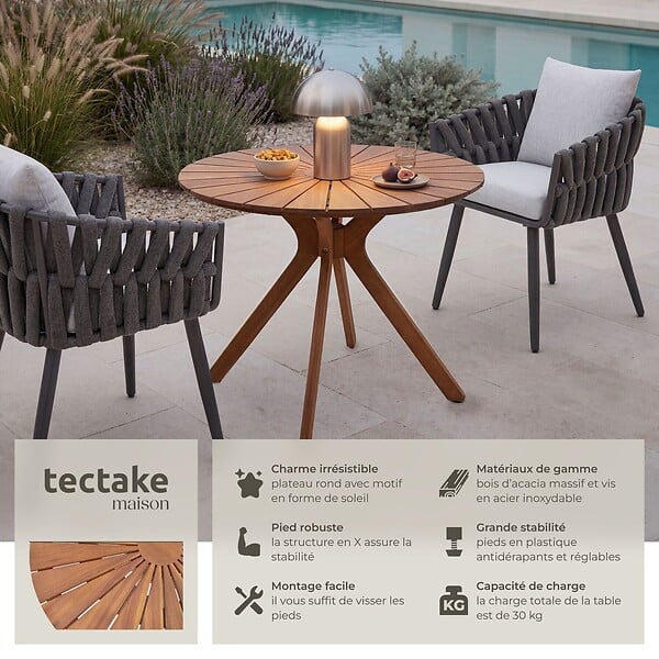 TECTAKE - Table de jardin Pollensa, ronde, résistante aux intempéries, en bois d'acacia massif marron - large