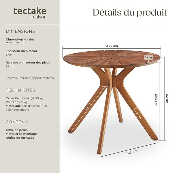 TECTAKE - Table de jardin Pollensa, ronde, résistante aux intempéries, en bois d'acacia massif marron - large