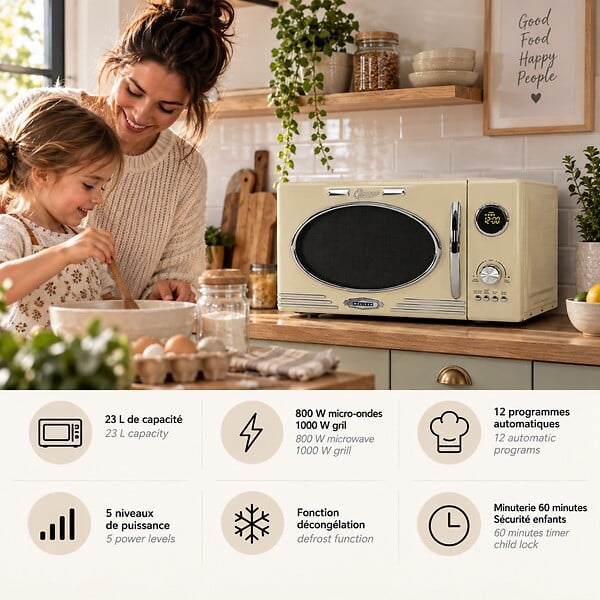 MELISSA - Four à Micro-ondes 800W 23L + Gril 1000W 12 programmes Décongélation Crème Rétro Affichage LED MELISSA - large