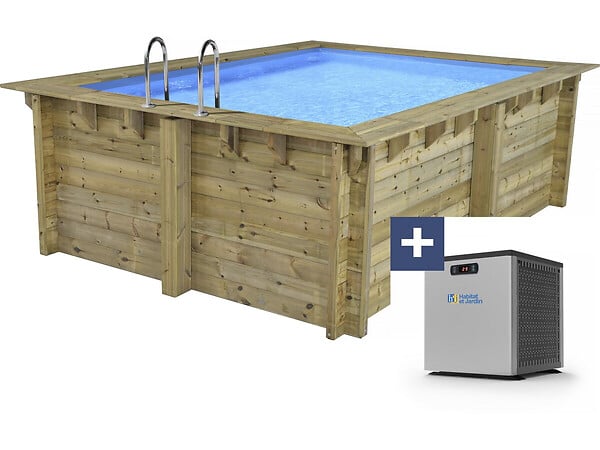 HABITAT ET JARDIN - Piscine bois rectangle " Maldives  " - 3.20 x 3.20 x 1.24  m + Bâche à bulles 180 µ - Bâche hiver 280 g/m² - large