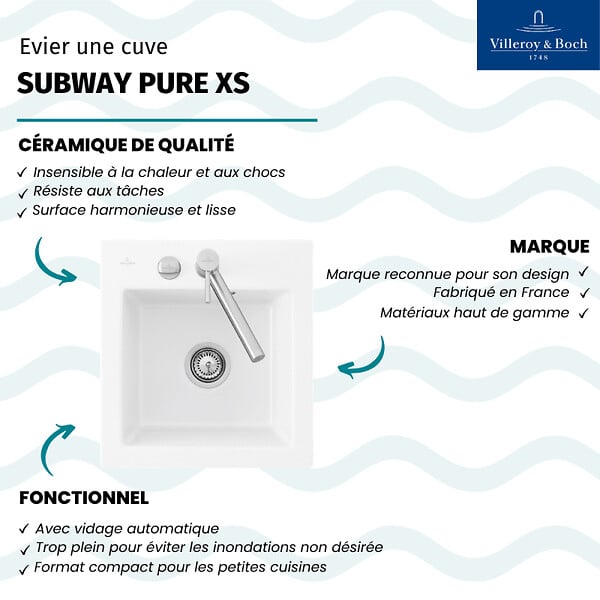 VILLEROY ET BOCH - Evier 1 bac sans egouttoir  Subway Pure XS 47,5 x 51 cm Blanc vidage automatique inclus - large