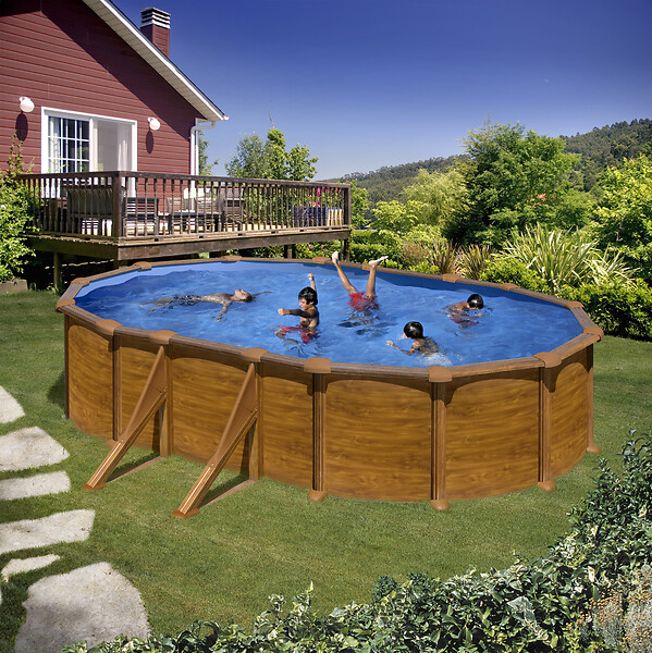 GRE - Piscine ovale acier 6,34m x 3,99m x H. 1,32m - imitation bois - large
