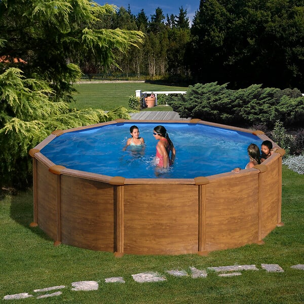 GRE - Piscine ronde acier imitation bois - Diam.3,70xH.1,32m - large