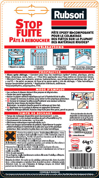 RUBSON - Pâte à reboucher époxy Stop fuite - Blanc - 64 g - large