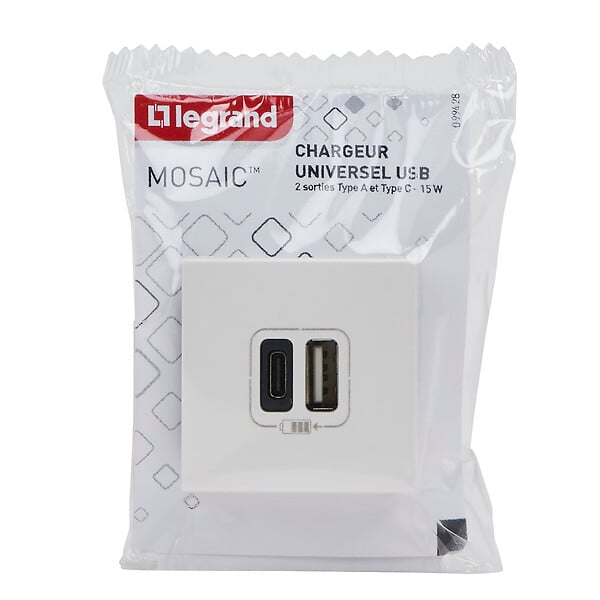 LEGRAND - Double chargeur USB Mosaic 2 modules - Blanc - 3A - large