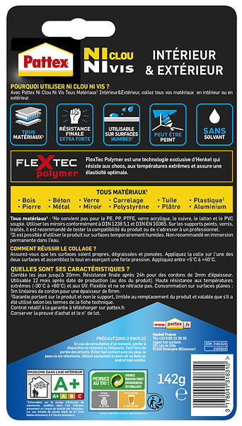 PATTEX - Colle fixation Tous Matériaux NCNV - Tube 142g - Blanc - large