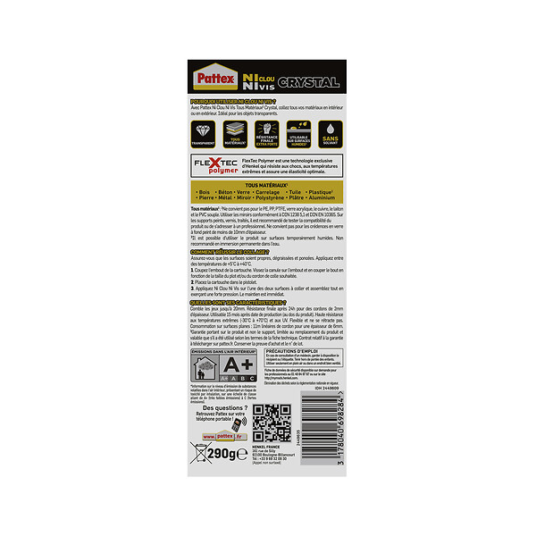 PATTEX - Colle fixation NCNV Tous Matériaux Crystal - 290g - large