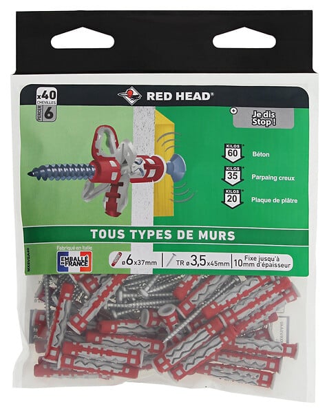 RED HEAD - Sachet de 40 chevilles Mx 6x37mm + vis TR 4x45mm - large