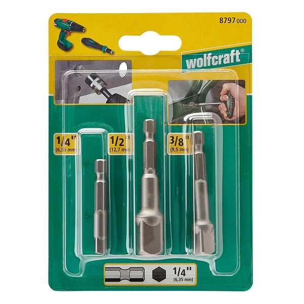 WOLFCRAFT - Lot de 3 adaptateurs hexagonaux pour douilles - Acier S2 - large