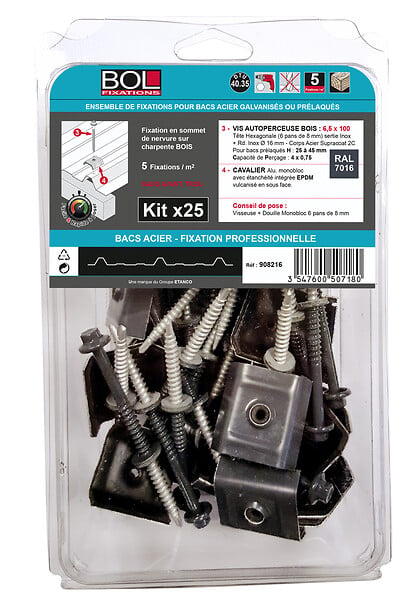 BOLFIXATIO - 25 vis autoperceuses bois 6,5x100mm + cavalier RAL 7016 - large