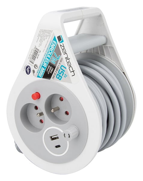 ZENITECH - Mini enrouleur 2 prises 2P+T + 2 USB - 7m - Gris - Zenitech - large